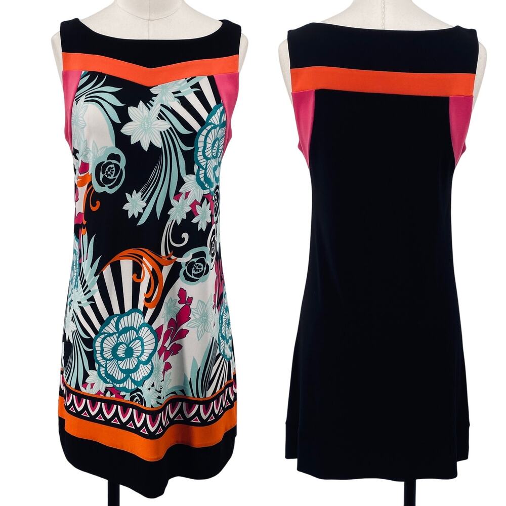 Joseph Ribkoff Abstract Floral Print Mini Dress Stretch Knit Colorblock Black 6